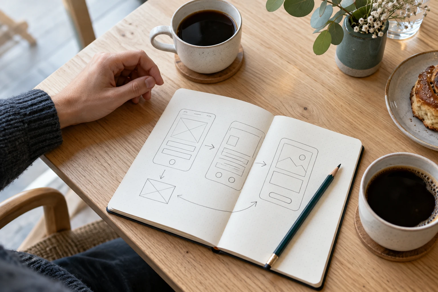 To kopper kaffe og en notesbog med skitser af en app