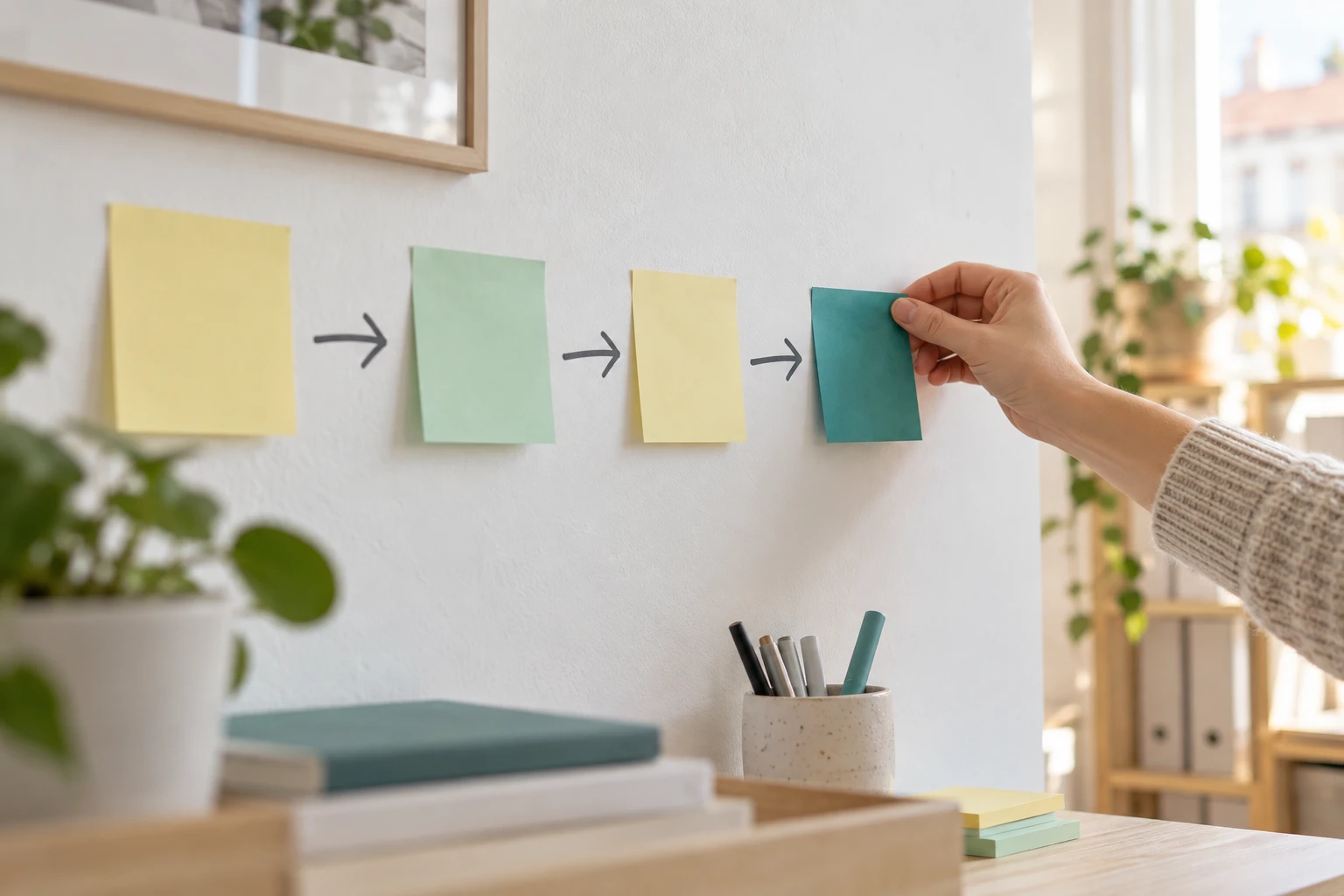 Gule og grønne post-it-sedler med en arbejdsgang tegnet op på en væg