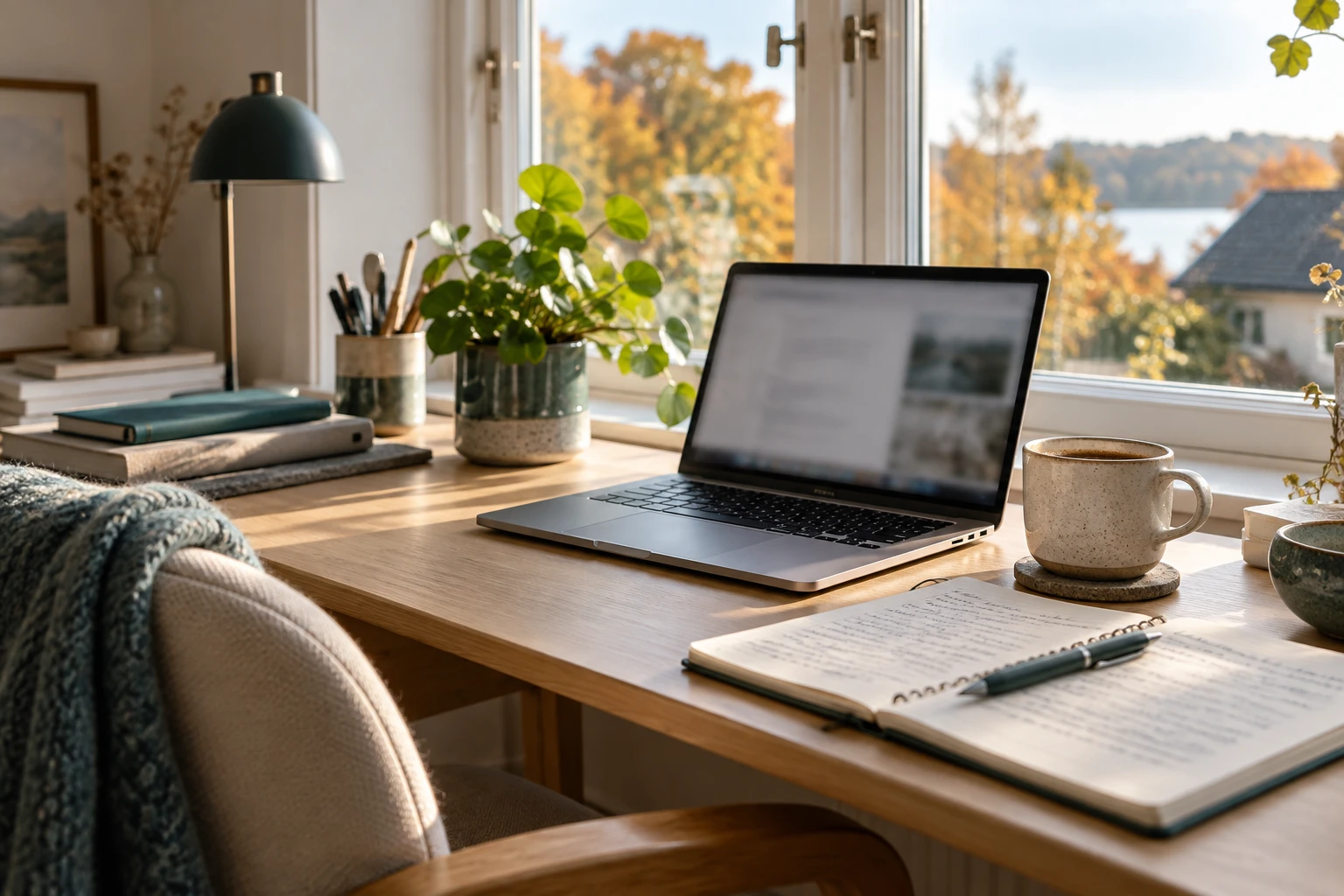 Arbejdsplads med laptop, notesbog og en kop kaffe