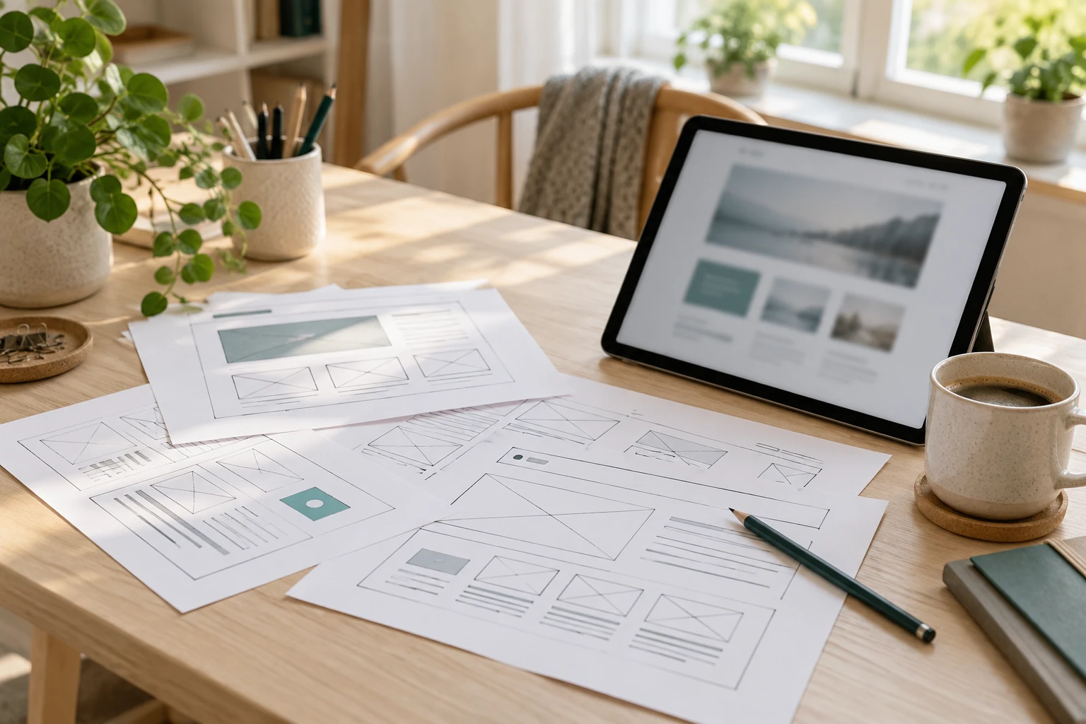 Papirskitser af et website og en tablet på et lyst skrivebord